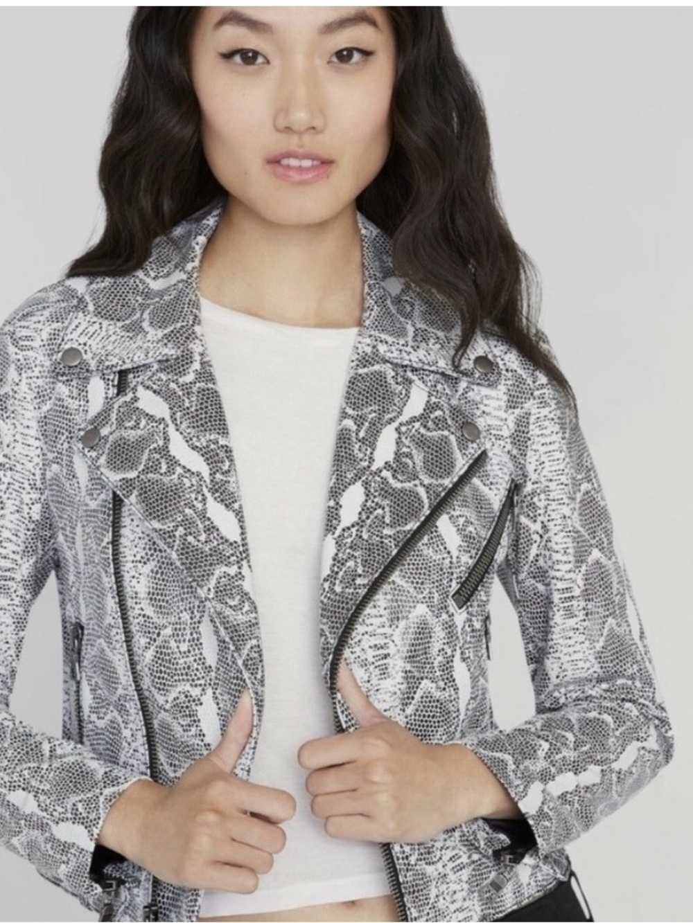 Alice + Olivia Cody Black & White Snake-Print Leather Moto Jacket XS $1500!